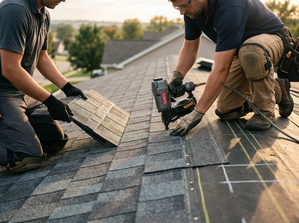 Professional roofer working on a residential roof in Lompoc